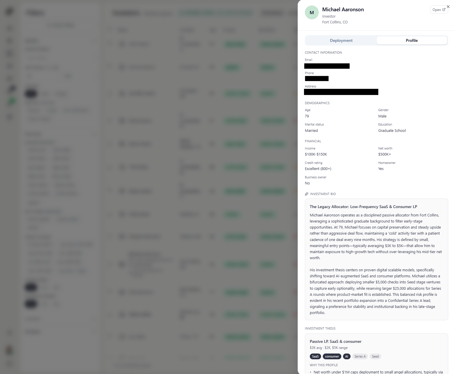 Detailed investor profile with bio, financials and investment thesis