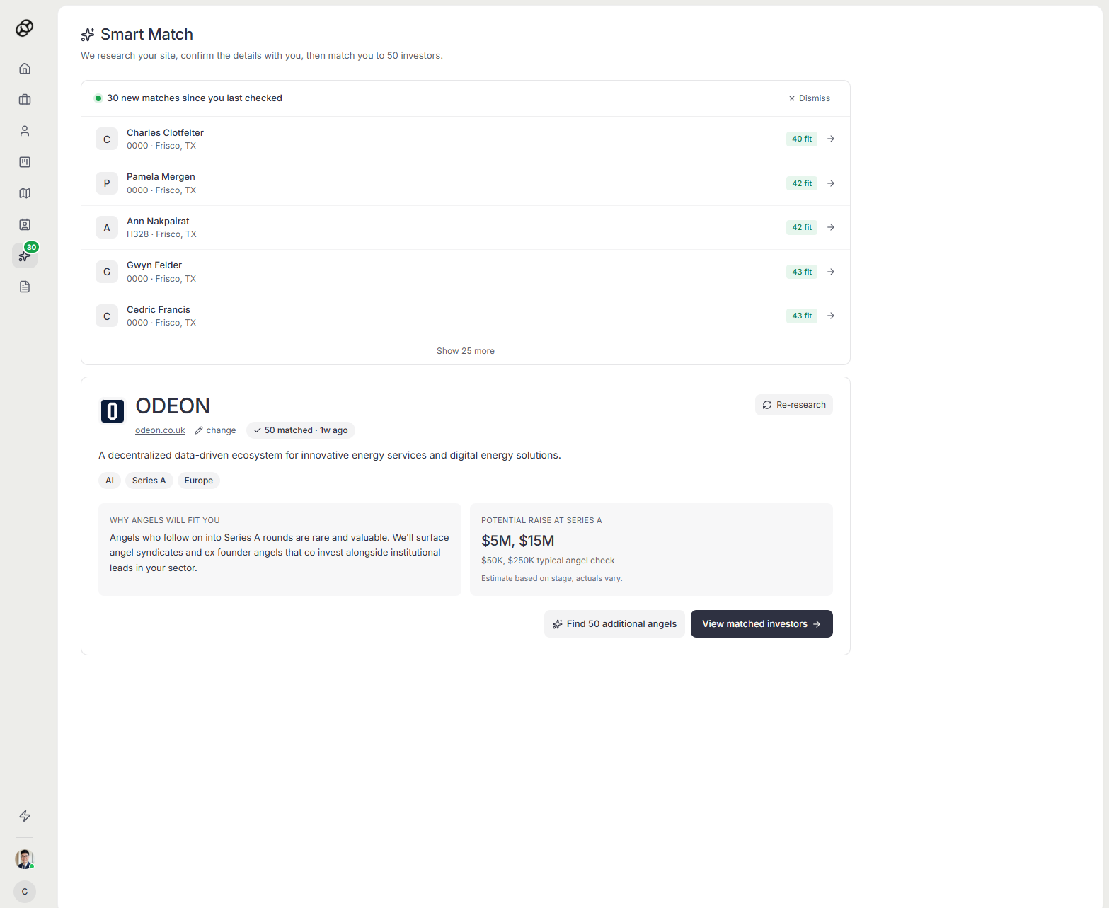 Smart Match showing matched angel investors for a company
