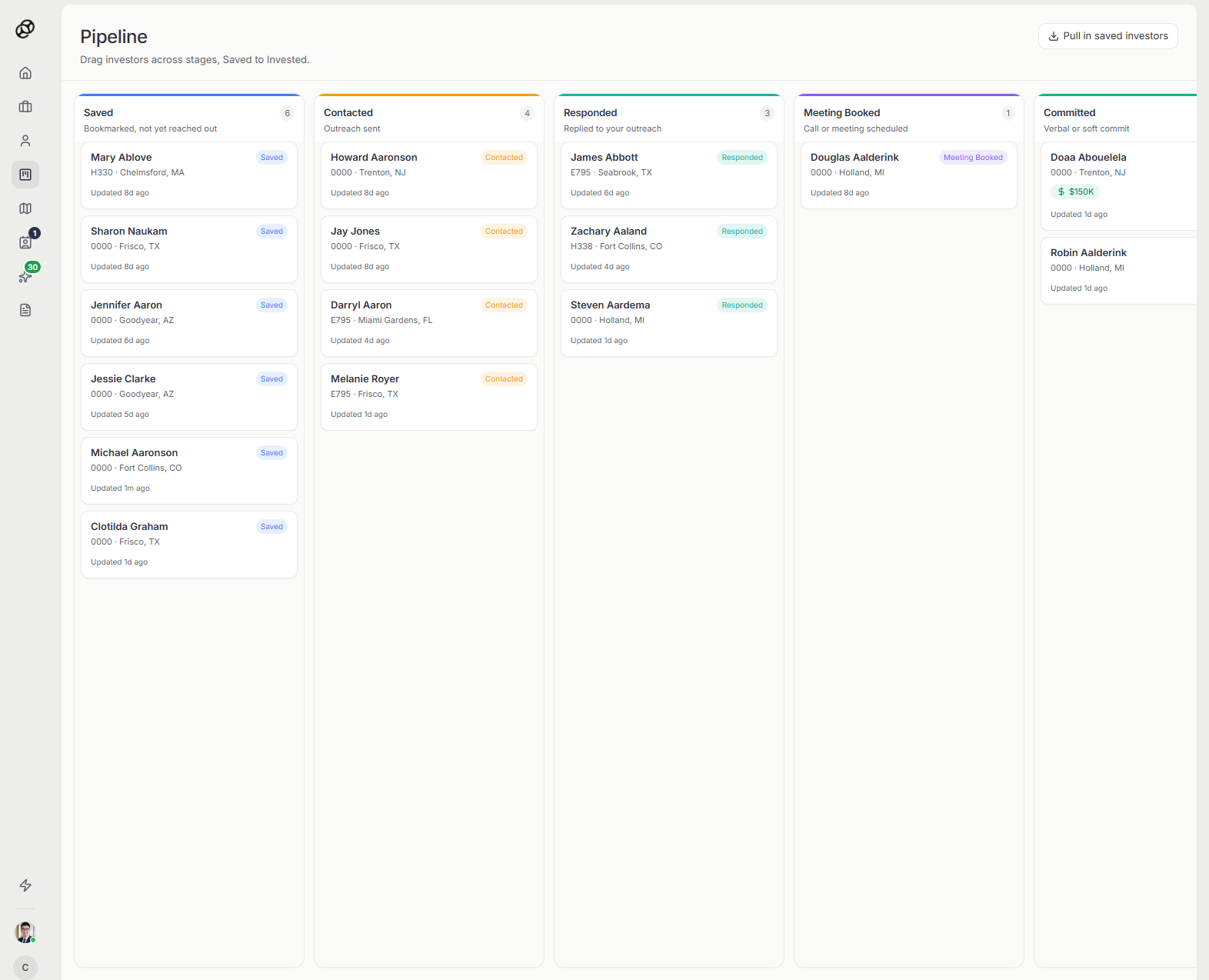 Pipeline kanban board with investors across raise stages