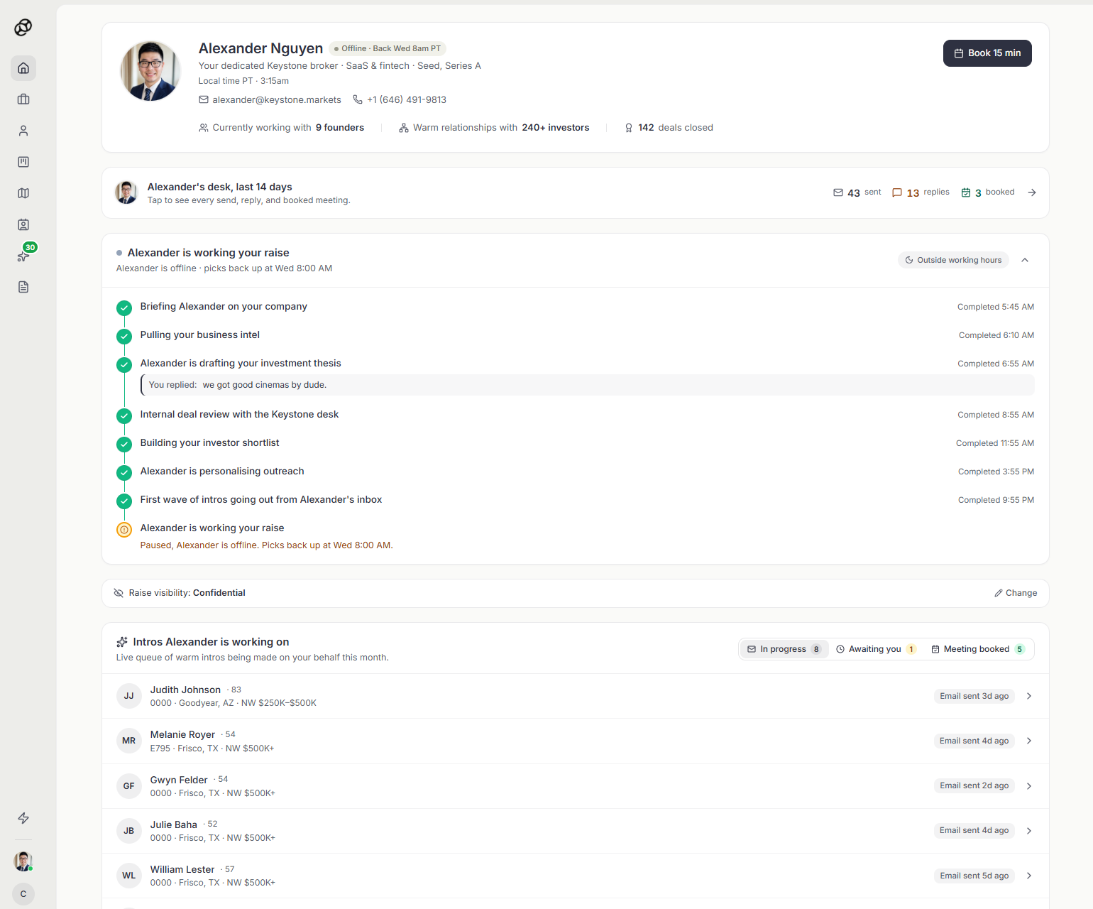 Keystone home dashboard with broker panel and intro queue